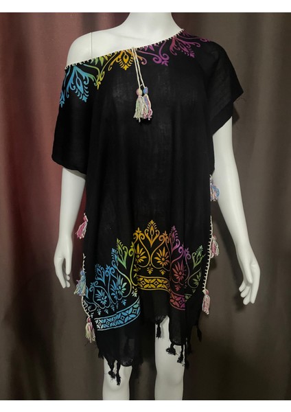 Siyah Desenli Püsküllü Pamuklu Pareo – Mayo Üstü Plaj Elbisesi