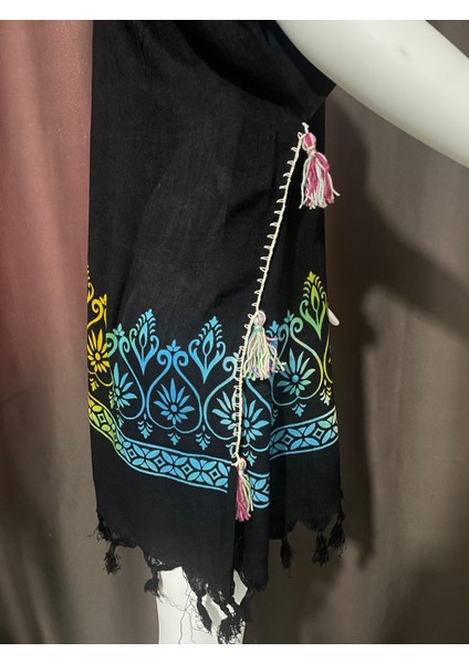 Siyah Desenli Püsküllü Pamuklu Pareo – Mayo Üstü Plaj Elbisesi fiyatları