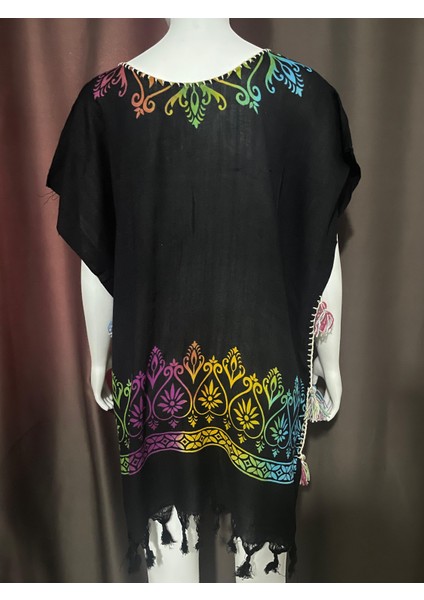 Siyah Desenli Püsküllü Pamuklu Pareo – Mayo Üstü Plaj Elbisesi modelleri