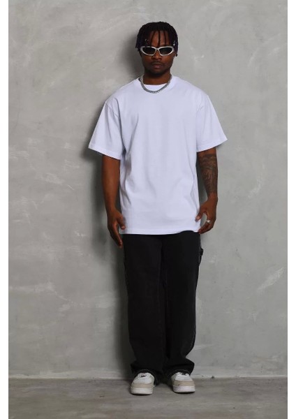 Unisex Oversize Düz Bisiklet Yaka T-Shirt - Beyaz fırsatları