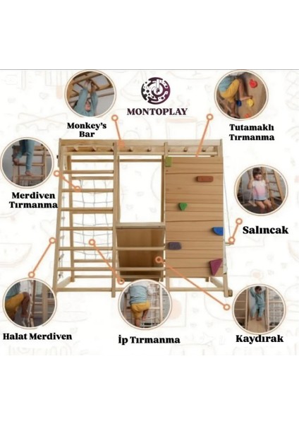 Montessori 3'lü Oyun Parkuru | Salıncak | Kaydırak | Monkeys Bar | Halat Merdiven | Ip Tırmanma