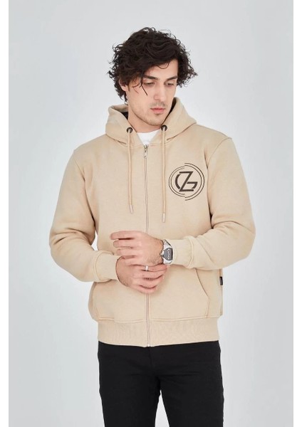 Erkek Kapüşonlu Baskılı Fermuarlı Hırka - Bej modelleri