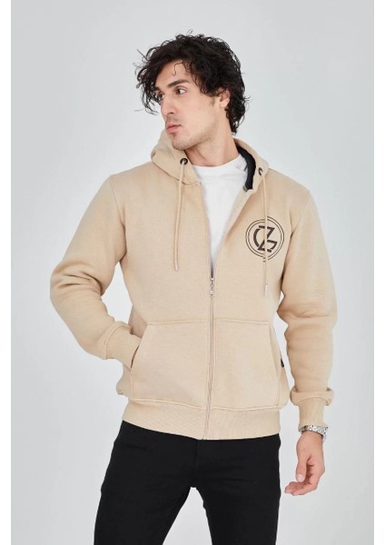 Erkek Kapüşonlu Baskılı Fermuarlı Hırka - Bej indirimleri