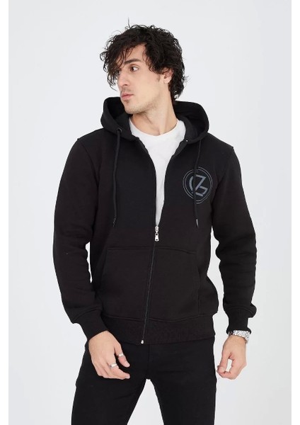 Erkek Kapüşonlu Baskılı Fermuarlı Hırka - Siyah fiyatları