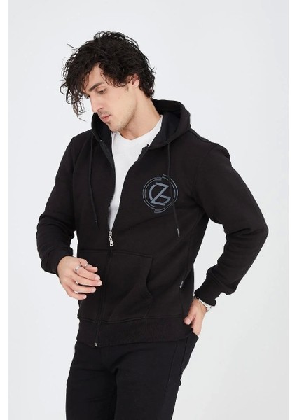 Erkek Kapüşonlu Baskılı Fermuarlı Hırka - Siyah fırsatları