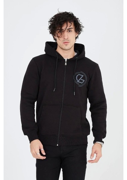 Erkek Kapüşonlu Baskılı Fermuarlı Hırka - Siyah indirimleri