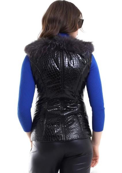 Kadın Fermuarlı Koyun Derisi Tilki Kürkü - Siyah indirimleri