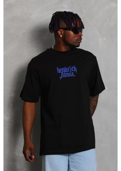 Unisex Oversize Baskılı Bisiklet Yaka T-Shirt - Siyah fiyatları