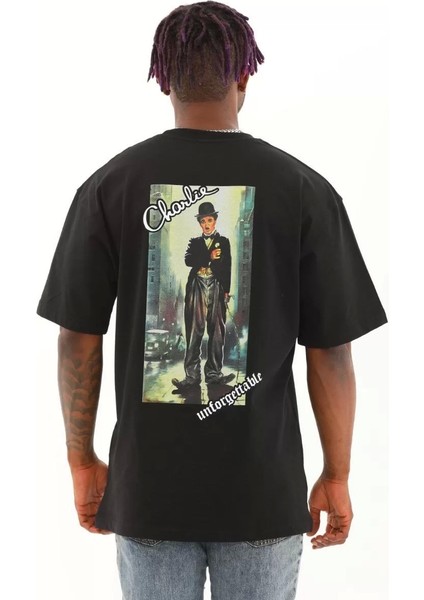 Unisex Oversize Baskılı Bisiklet Yaka T-Shirt - Siyah indirimleri