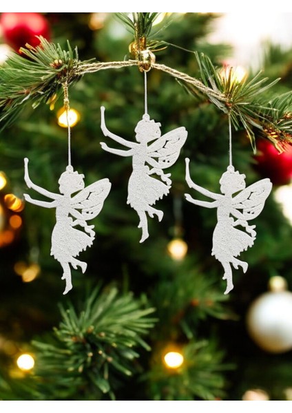 Yılbaşı Ağacı Süsleri Melek Şekilli Asılabilir Simli Ağaç Süsü Beyaz 14 cm 3'lü