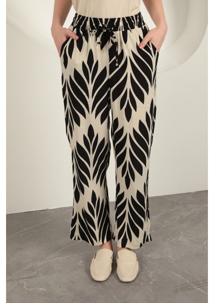 Viskon Kumaş Yaprak Desen Pantolon-Siyah fiyatları