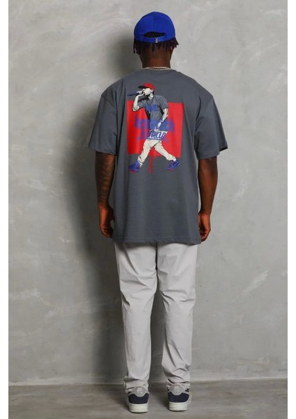 Unisex Oversize Baskılı Bisiklet Yaka T-Shirt - Füme fiyatları