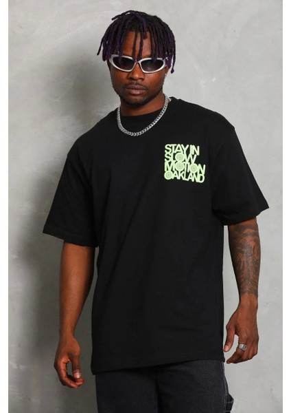 Unisex Oversize Baskılı Bisiklet Yaka T-Shirt - Siyah fiyatları