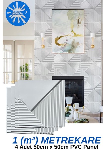 1m² (50CMX50CM 4 Adet) Beyaz 3D Abs Pvc Çizgili Desenli Dayanıklı Duvar Paneli Silinebilir