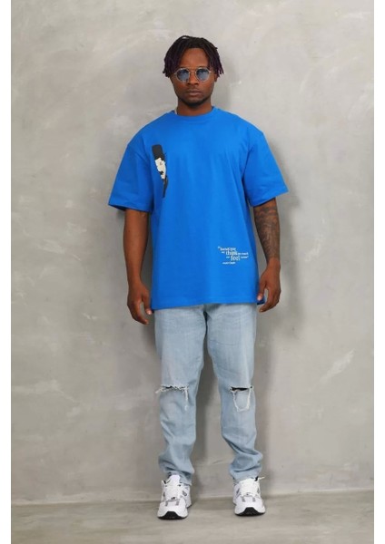 Unisex Oversize Baskılı Bisiklet Yaka T-Shirt - Mavi fırsatları