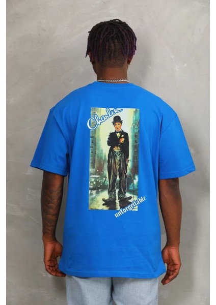 Unisex Oversize Baskılı Bisiklet Yaka T-Shirt - Mavi indirimleri