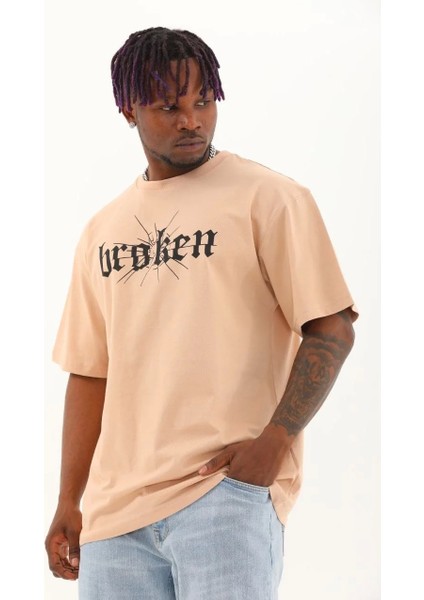 Unisex Oversize Baskılı Bisiklet Yaka T-Shirt - Bej