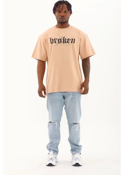 Unisex Oversize Baskılı Bisiklet Yaka T-Shirt - Bej fırsatları