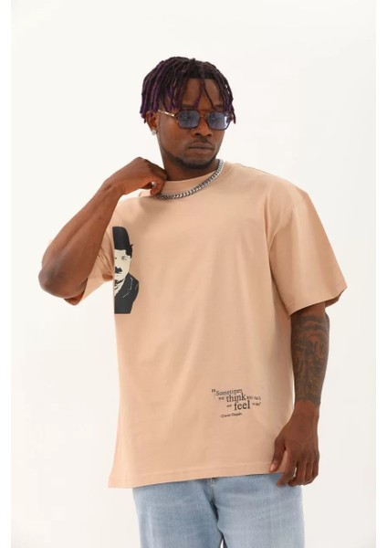 Unisex Oversize Baskılı Bisiklet Yaka T-Shirt - Bej fiyatları
