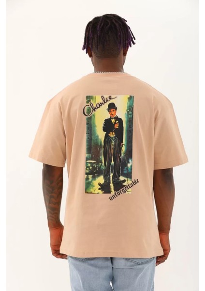 Unisex Oversize Baskılı Bisiklet Yaka T-Shirt - Bej indirimleri