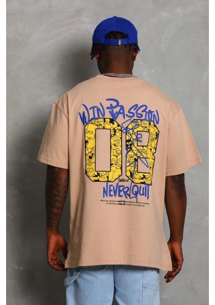 Unisex Oversize Baskılı Bisiklet Yaka T-Shirt - Bej indirimleri