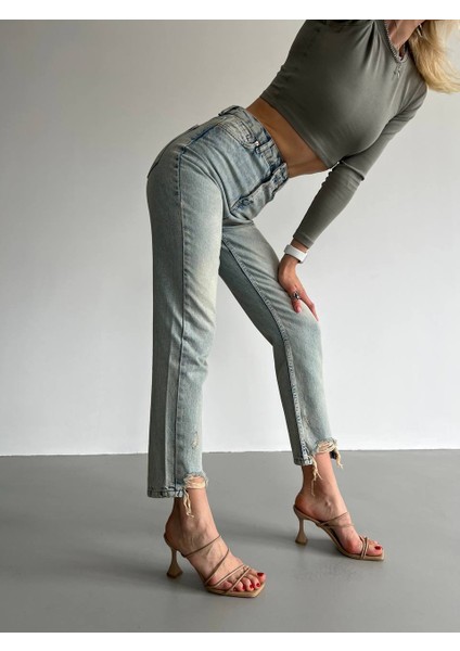 Yüksek Bel Paça Püsküllü Açık Gri Düz Kesim Kadın Jean Pantolon