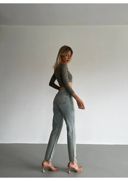 Yüksek Bel Paça Püsküllü Açık Gri Düz Kesim Kadın Jean Pantolon fırsatları