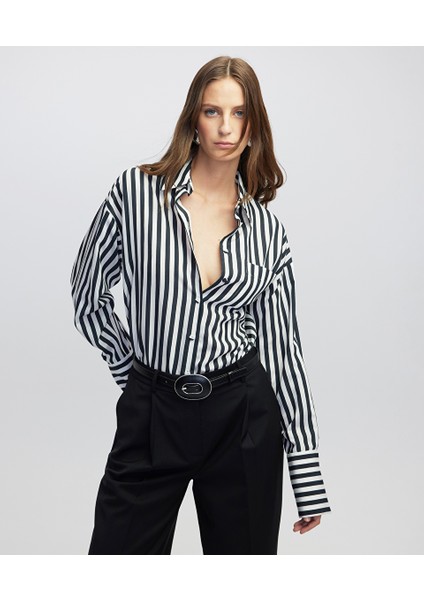Çizgi Desen Düşük Omuz Gömlek IW6250025093001
