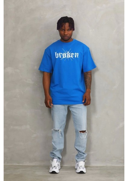 Unisex Oversize Baskılı Bisiklet Yaka T-Shirt - Mavi fırsatları