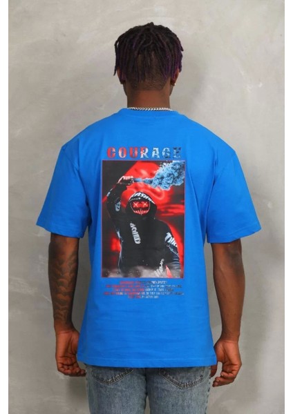 Unisex Oversize Baskılı Bisiklet Yaka T-Shirt - Mavi indirimleri
