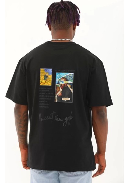 Unisex Oversize Baskılı Bisiklet Yaka T-Shirt - Siyah indirimleri