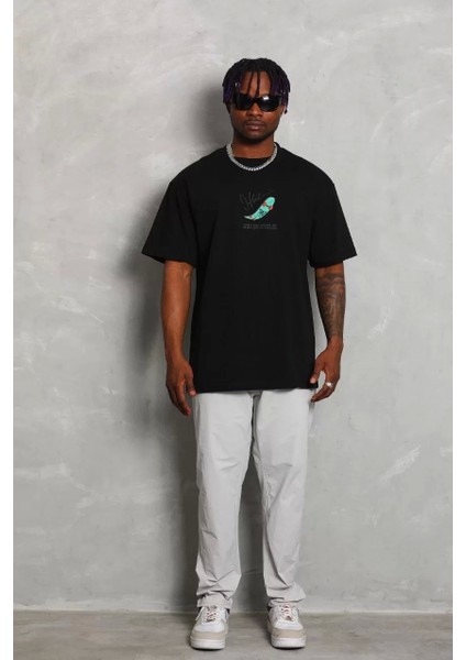 Unisex Oversize Baskılı Bisiklet Yaka T-Shirt - Siyah modelleri