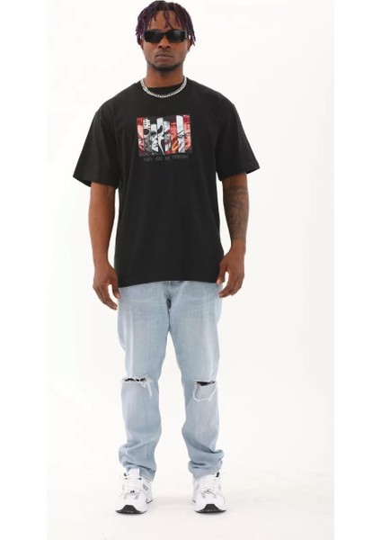 Unisex Oversize Baskılı Bisiklet Yaka T-Shirt - Siyah fırsatları