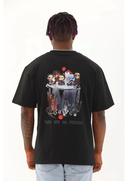 Unisex Oversize Baskılı Bisiklet Yaka T-Shirt - Siyah indirimleri