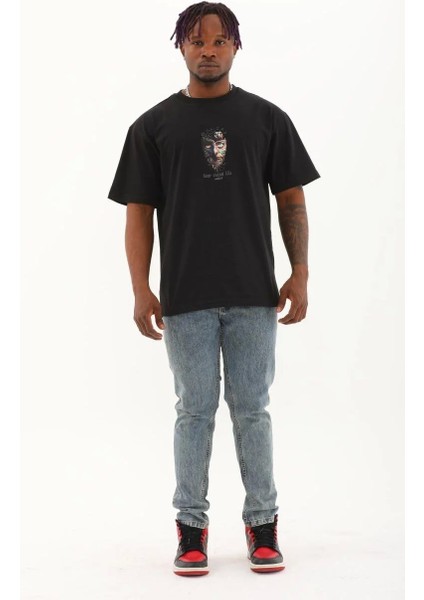 Unisex Oversize Baskılı Bisiklet Yaka T-Shirt - Siyah modelleri
