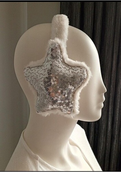 Soğuktan Koruyucu Soft Peluş Kışlık Kulaklık Krem Yldız Pullu