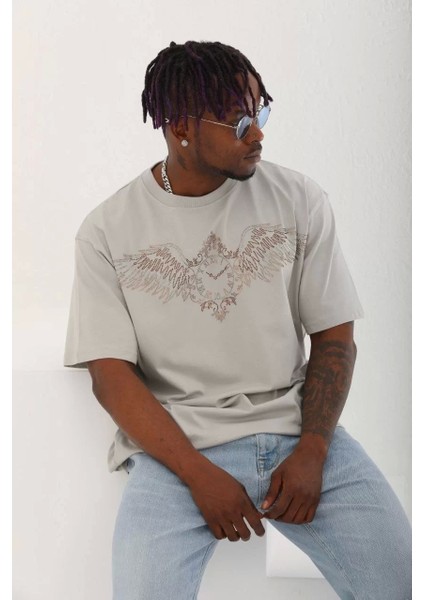 Unisex Oversize Taşlı Bisiklet Yaka T-Shirt - Gri modelleri