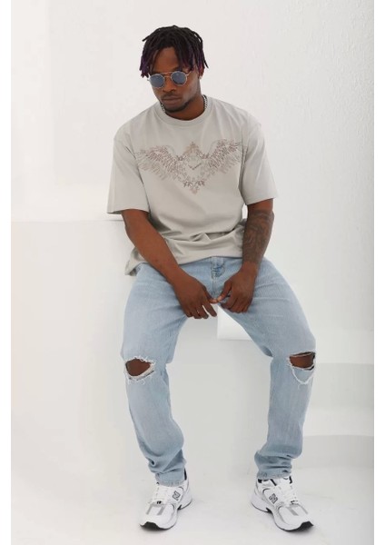 Unisex Oversize Taşlı Bisiklet Yaka T-Shirt - Gri fırsatları