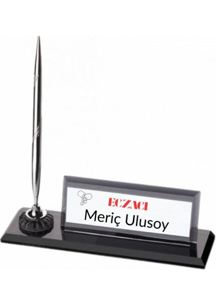 Eczacılara Özel Logolu Masa Üstü Isimlik | Kalemli Kristal Tasarım