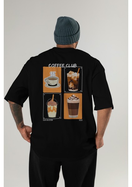 Coffee Club Arka Baskılı Oversize T-Shirt Erkek Kadın %100 Pamuk Bisiklet Yaka Tişort