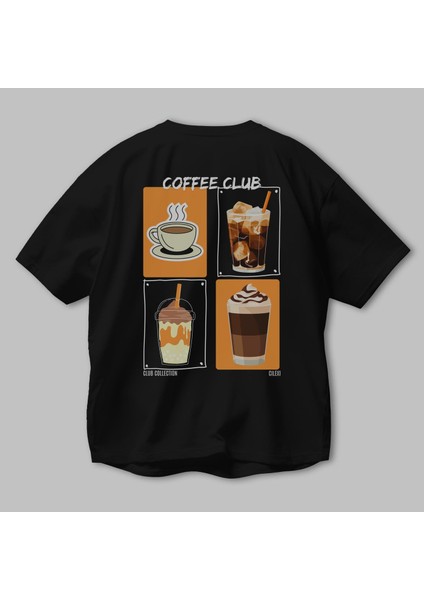 Coffee Club Arka Baskılı Oversize T-Shirt Erkek Kadın %100 Pamuk Bisiklet Yaka Tişort modelleri