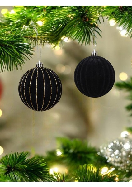Kadife Yılbaşı Topu Altın Simli Yılbaşı Ağacı Süsleri Siyah 8 cm 4'lü