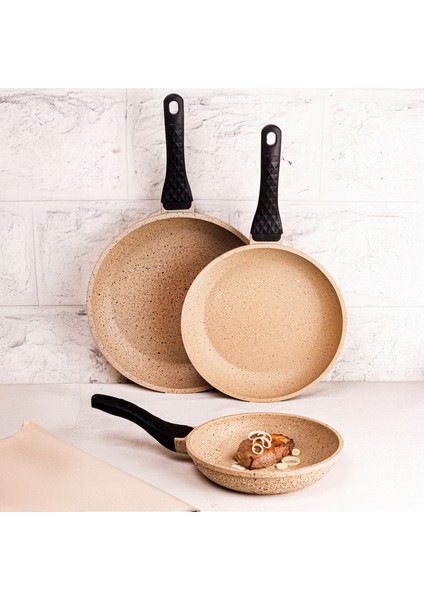 Best Chef 3'lü Döküm Tava Seti Granit Kaplama Vizon Renk 20-24-28 cm