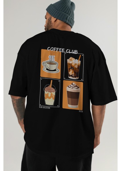 Coffee Club Arka Baskılı Oversize T-Shirt Erkek Kadın %100 Pamuk Bisiklet Yaka Tişort