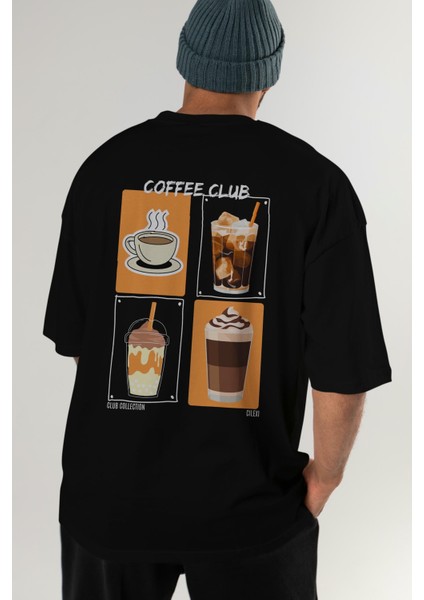 Coffee Club Arka Baskılı Oversize T-Shirt Erkek Kadın %100 Pamuk Bisiklet Yaka Tişort