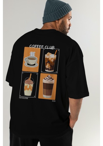 Coffee Club Arka Baskılı Oversize T-Shirt Erkek Kadın %100 Pamuk Bisiklet Yaka Tişort