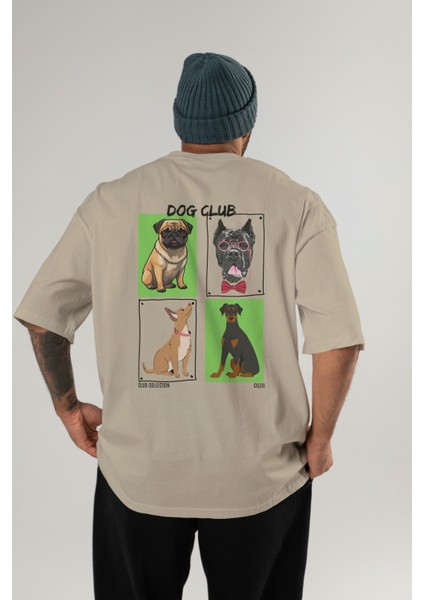 Dog Club Arka Baskılı Oversize T-Shirt Erkek Kadın %100 Pamuk Bisiklet Yaka Tişort