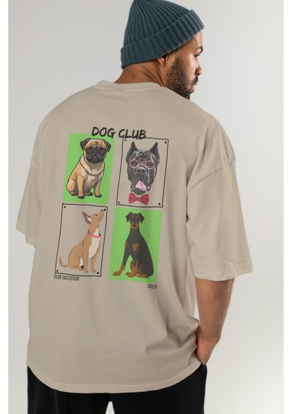 Dog Club Arka Baskılı Oversize T-Shirt Erkek Kadın %100 Pamuk Bisiklet Yaka Tişort