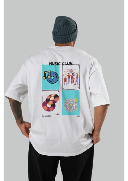 Music Club Arka Baskılı Oversize T-Shirt Erkek Kadın %100 Pamuk Bisiklet Yaka Tişort