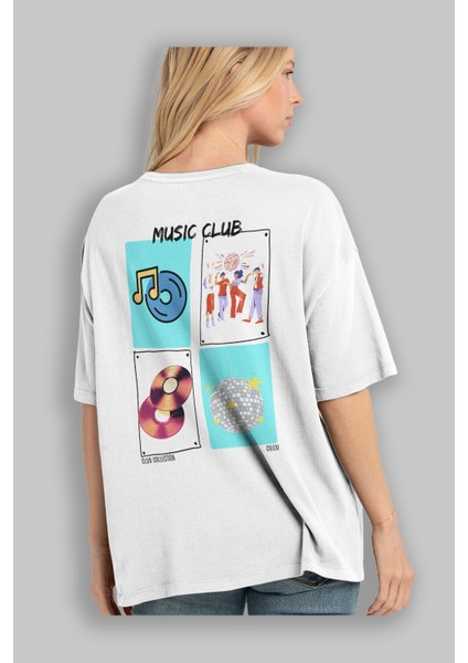 Music Club Arka Baskılı Oversize T-Shirt Erkek Kadın %100 Pamuk Bisiklet Yaka Tişort modelleri